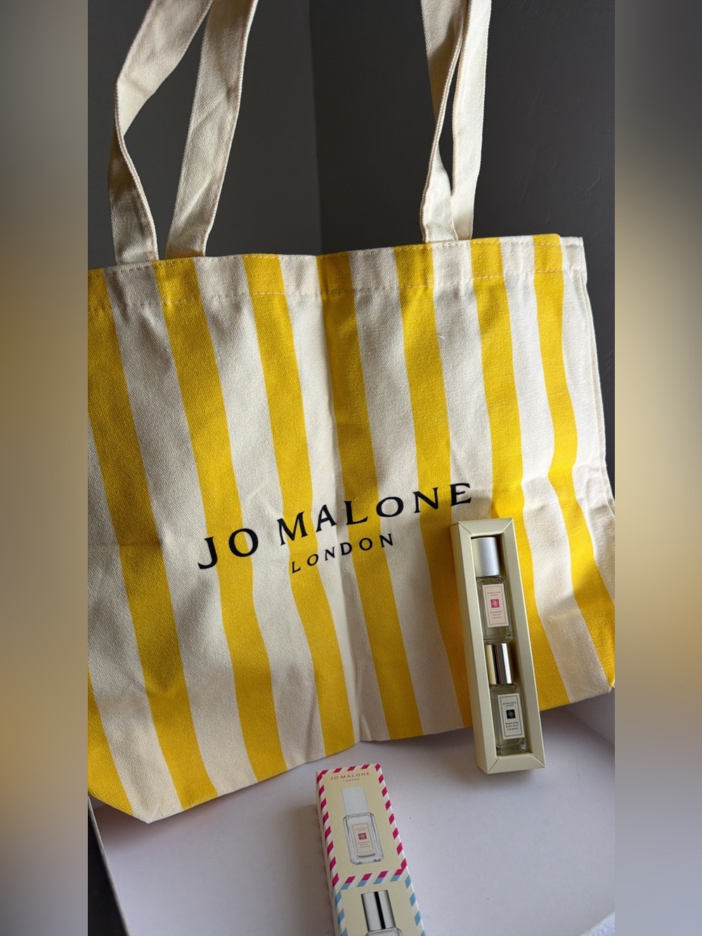 New Jo Malone Yellow and Cream Striped Canvas Tote with 2 Mini perfumee3 bundle